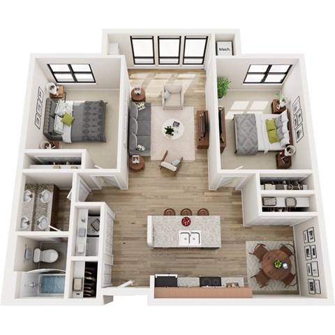 Floor plan for 2 beds, 1 bath, 1066 sqft